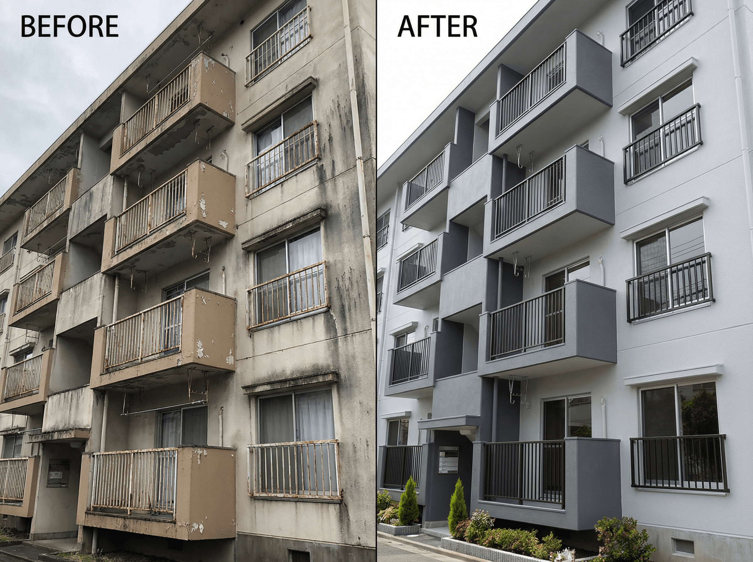 Before: 雨垂れの跡が酷い共用部分。After: 防水塗装を施し、モダンなグレーで統一された外観。