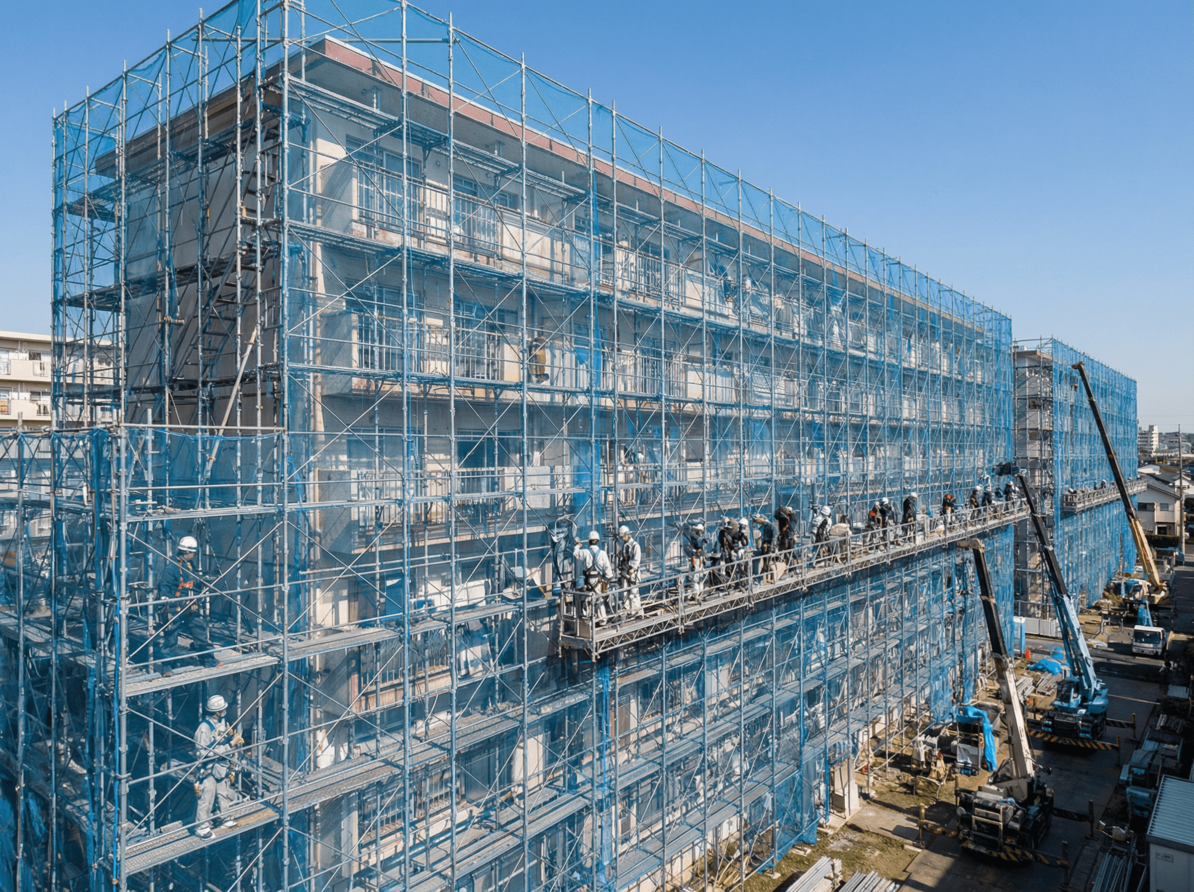 足場が組まれた大規模な工事現場の写真。巨大な建物を均一な品質で塗り上げる技術力の高さを強調。